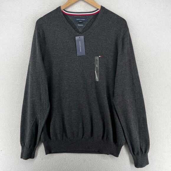 TOMMY HILFIGER Sweater Mens L Signature Solid V-Neck Premium Cotton Gray NEW - Picture 1 of 12